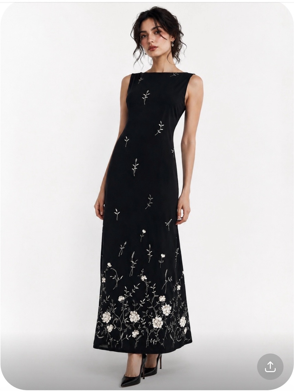 Embroidered Black Maxi Dress with Floral Detail